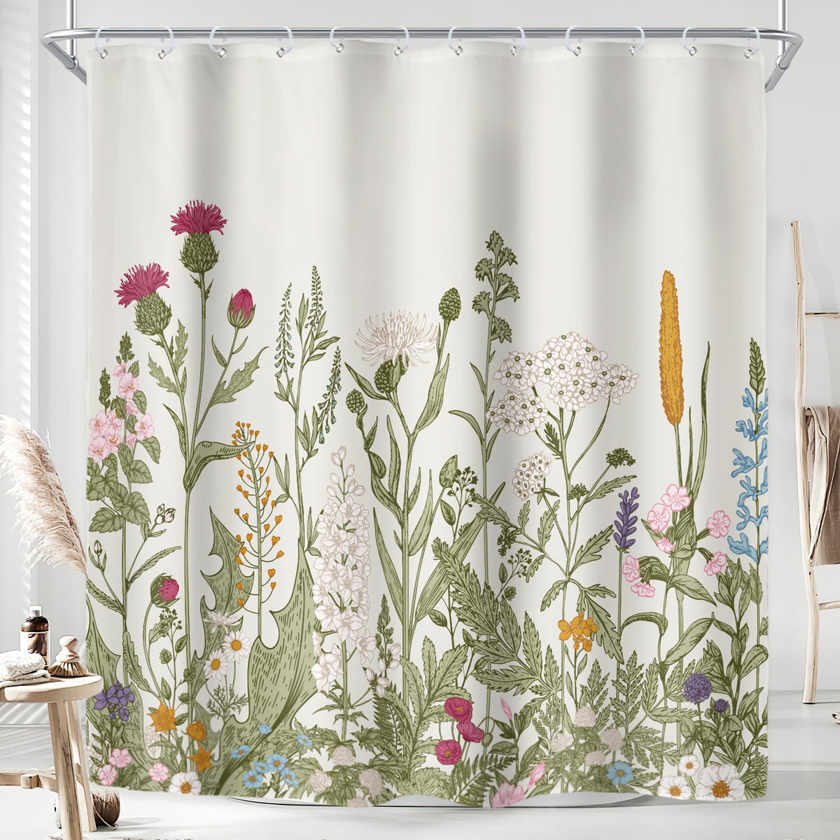 Sage Green Floral Wildflower Plant Herbs Nature Bathroom Shower Curtain Set