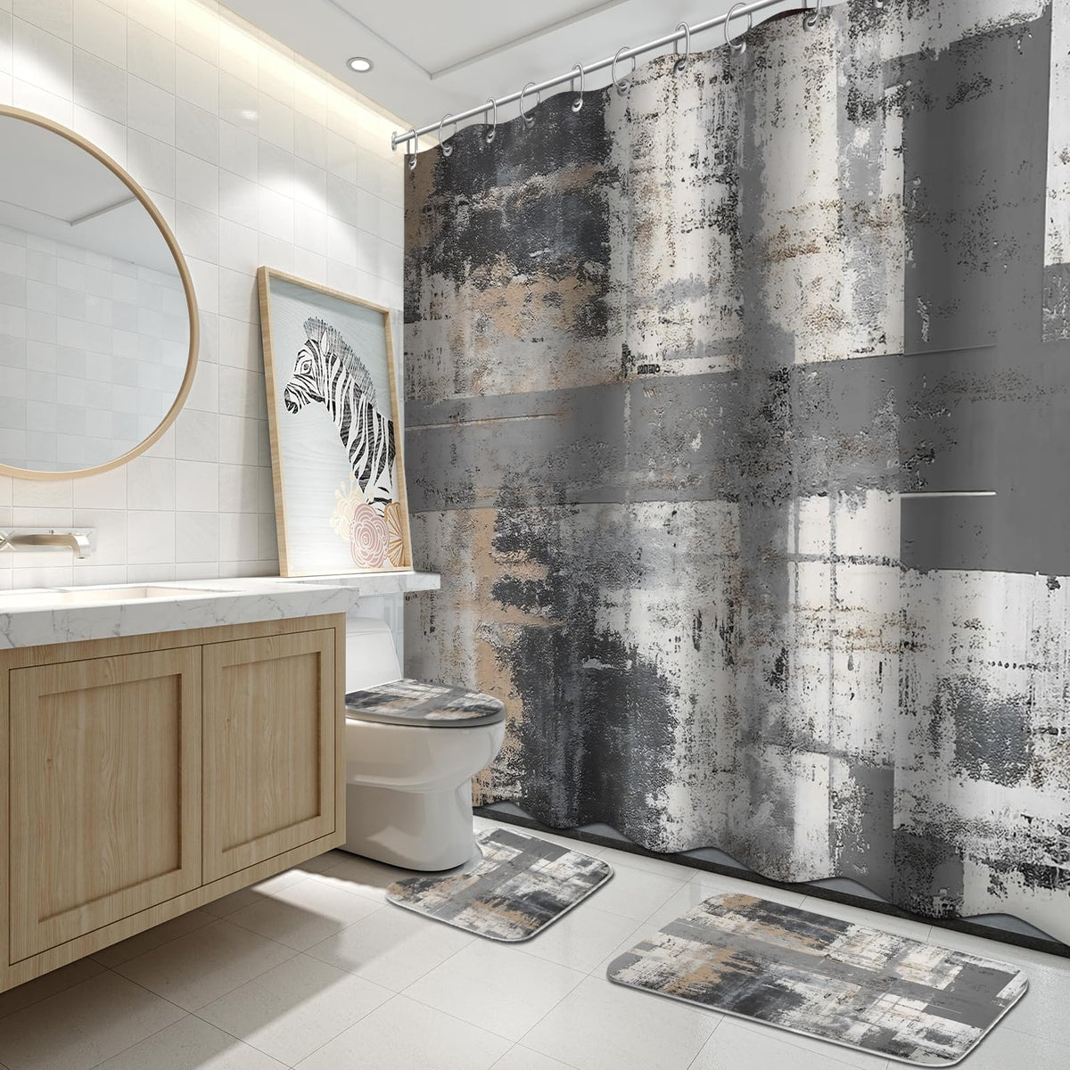Lnond 4Pcs Bathroom Shower Curtain Sets with Rugs,Orange Modern Painting Art Bathroom Sets with Shower Curtain and Rugs and Accessories