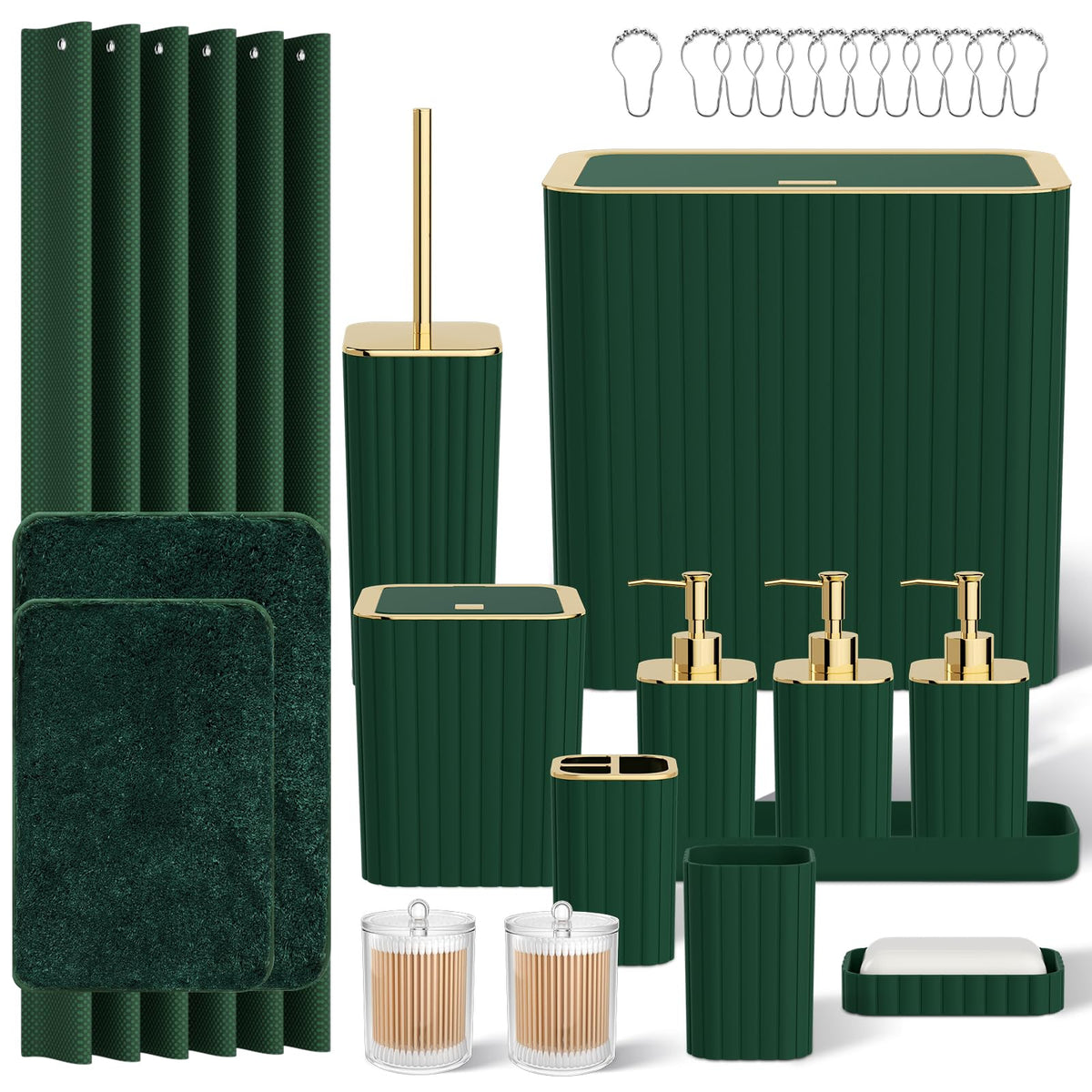 Bathroom Sets with Shower Curtain and Rugs - Elegant Bathroom Set, 27PC Bathroom Accessories Set, Green Bathroom Set, Mini Trash Can, Toilet Brush, Trash Can & Soap Dispenser