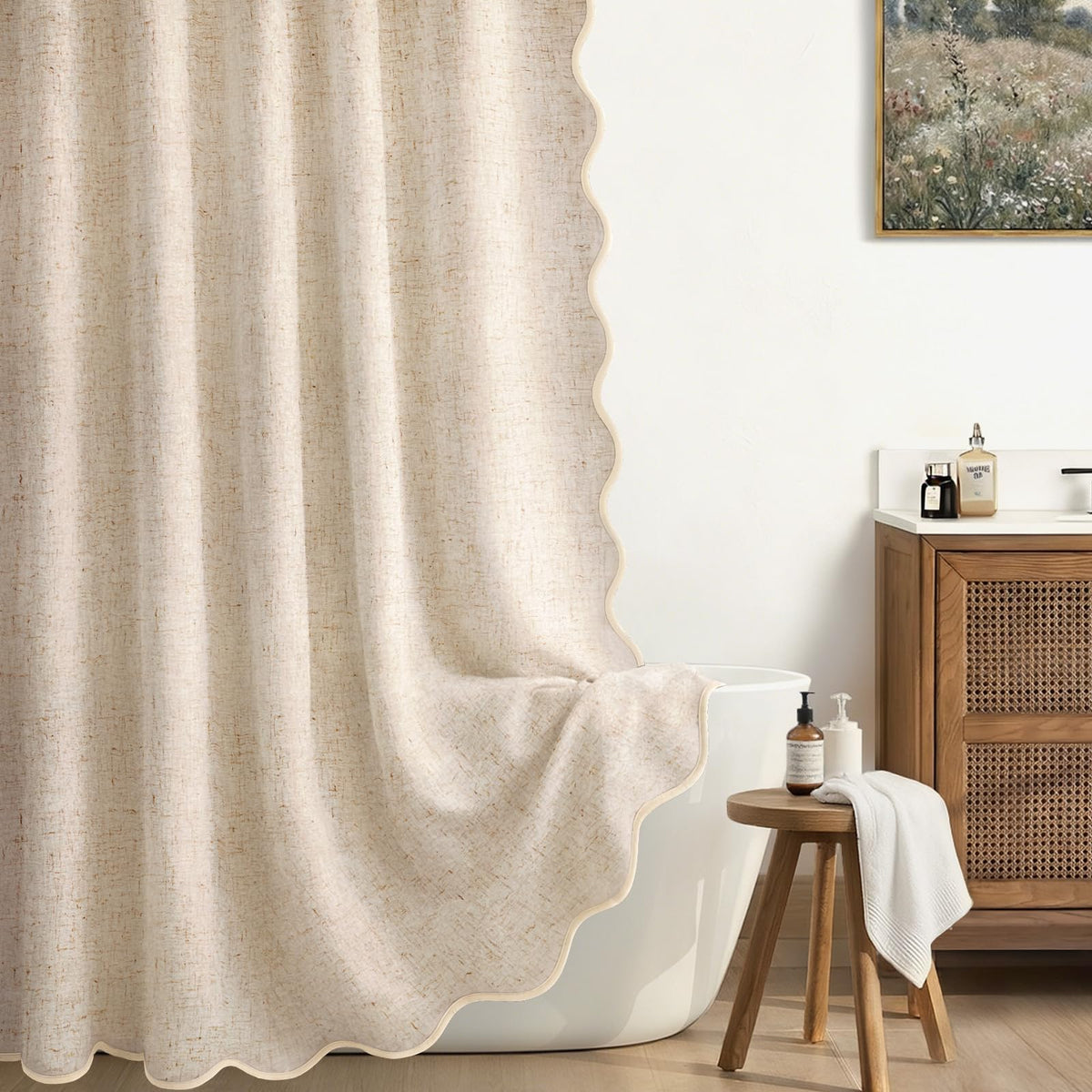 Scalloped Shower Curtain Linen Boho Beige 72" W x 72" L