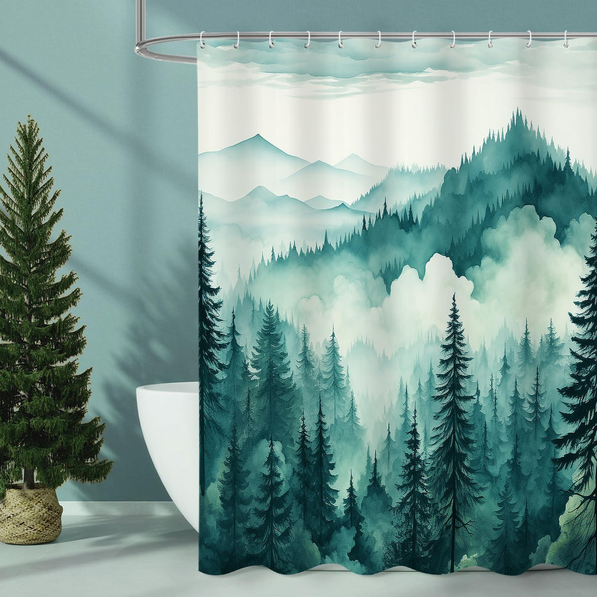 Dark Green Pine Forest Shower Curtain, Misty Woodland, 72 x 72 Inches