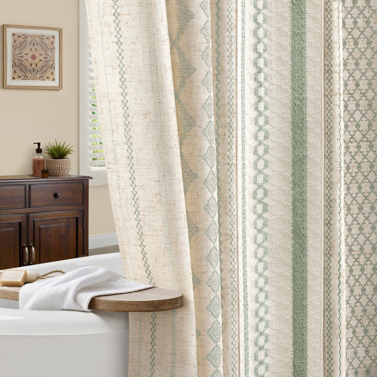 Natural Linen Boho Shower Curtain,72" W x 72" L