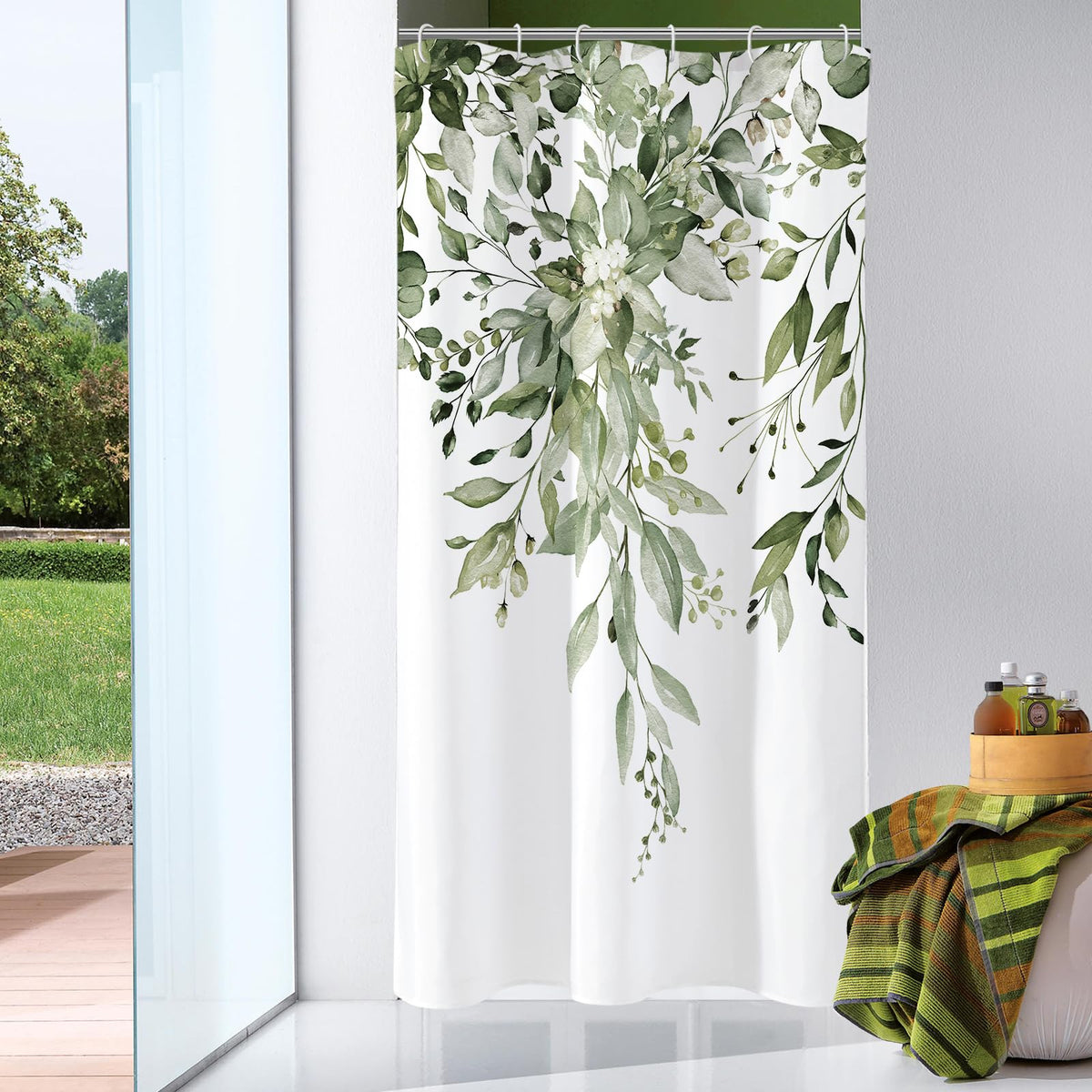 Gibelle Olive Green Eucalyptus Shower Curtain, Floral Print, 72x72