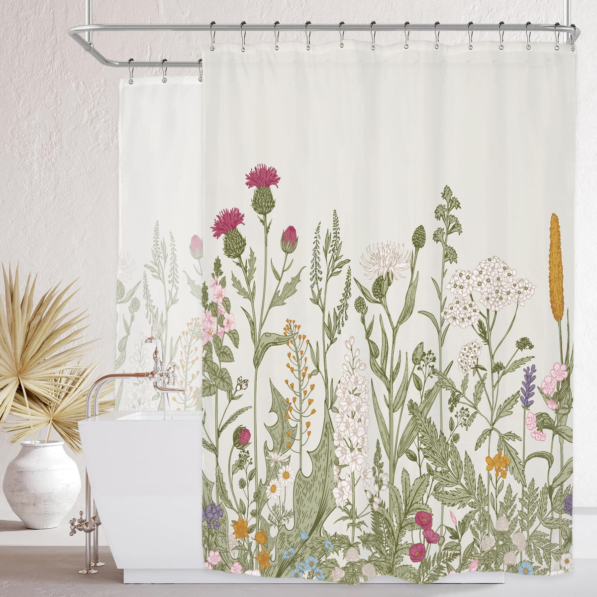 Sage Green Floral Wildflower Plant Herbs Nature Bathroom Shower Curtain Set