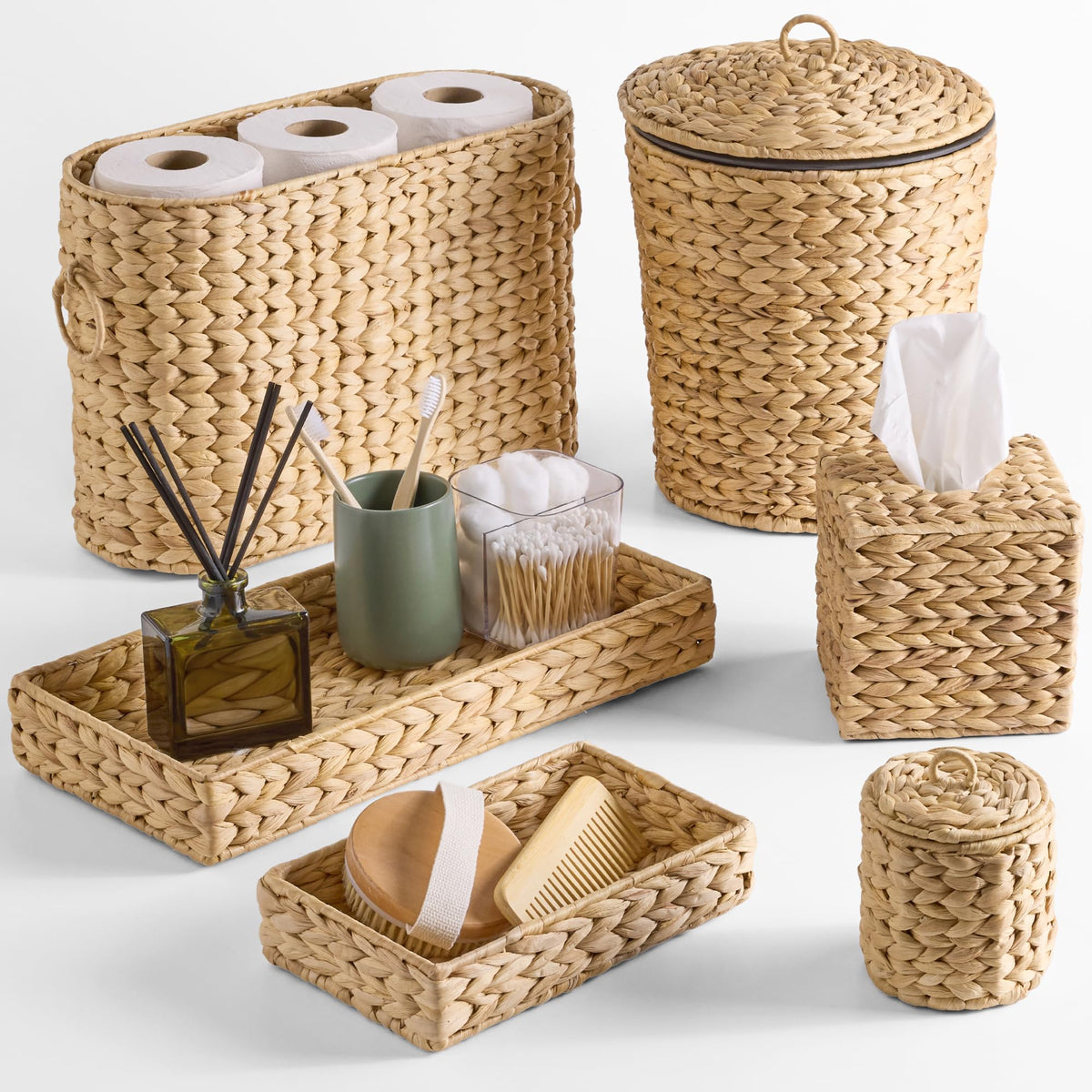 Best Choice Products 6PC Bathroom Accessories Set, Vanity Trays, qtip Canister, Square Tissue Box Cover, Small Wicker Trash Can, Toilet Paper Basket, Storage Organizer, Water Hyacinth - Chestnut