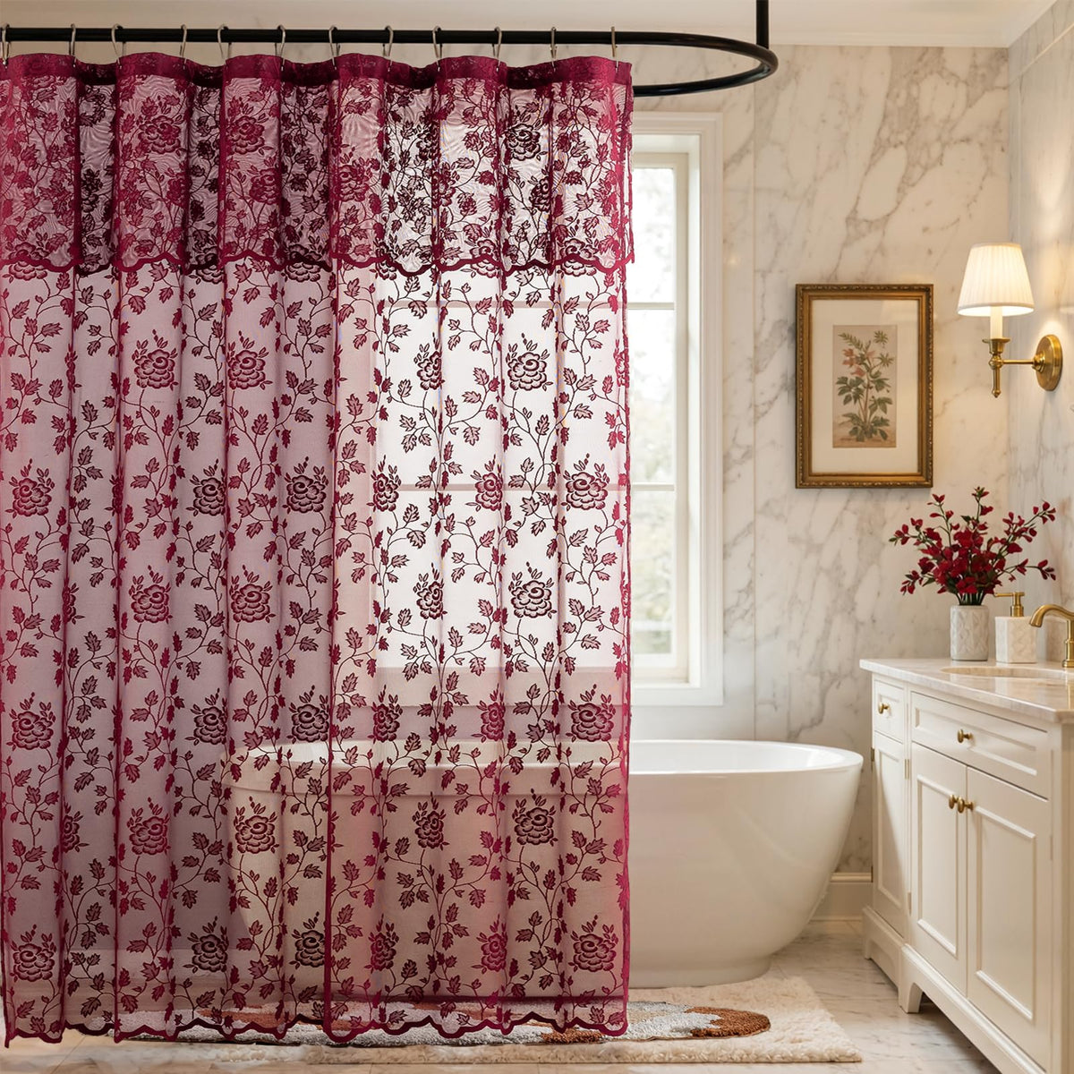 Black Lace Shower Curtain with Attached Valance, 72 x 72 Inch, 1 Panel