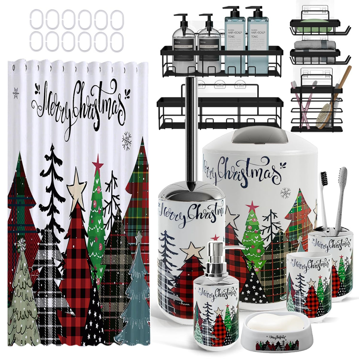 Clara Clark Bathroom Set - Navy Bathroom Accessories Set, 20PC Bathroom Accessory Set, Shower Curtain Set with Liner, Toothbrush Holder, Soap Dispenser, Soap Dish, Toilet Brush Holder, and Trash Can