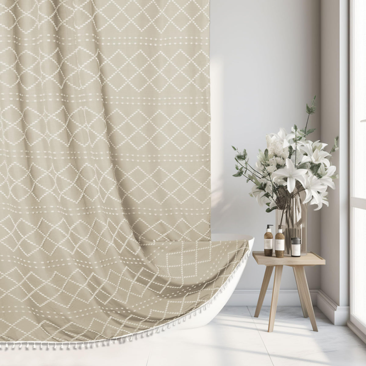 Siiluminisoy Sage Green Boho Shower Curtain Fabric Shower Curtain, 72 x 72 Tufted Chevron Textured Striped Modern Farmhouse Minimalist Cloth for Bathroom