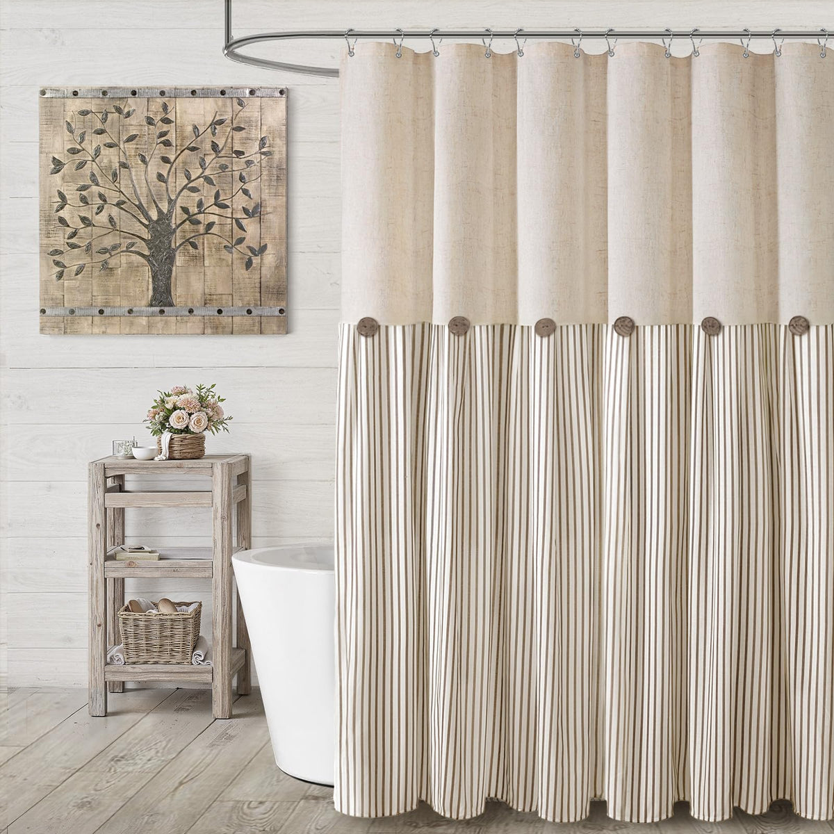 Farmhouse Shower Curtain Linen Beige Button Brown Stripe 72"W x 72"L