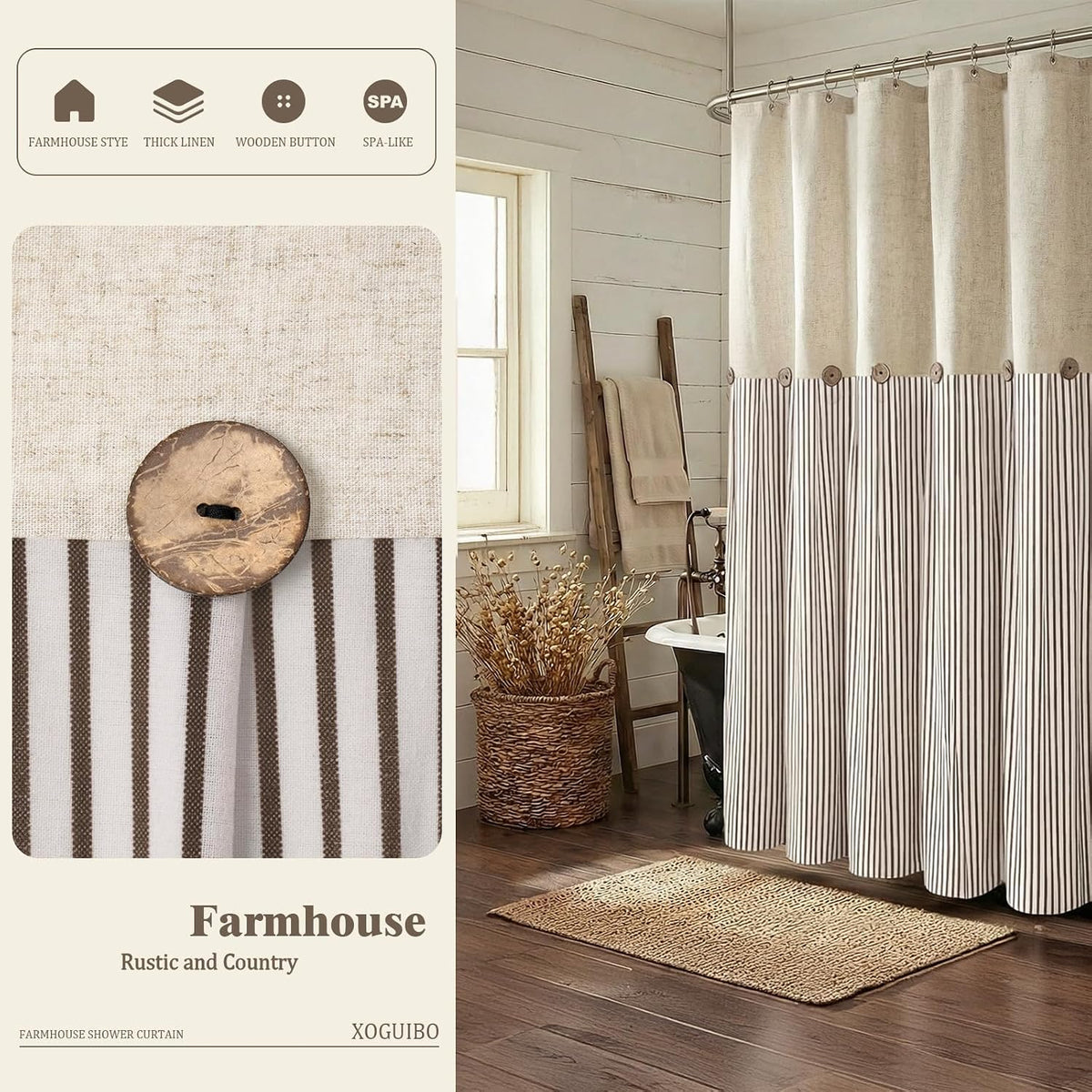Farmhouse Shower Curtain Linen Beige Button Brown Stripe 72"W x 72"L