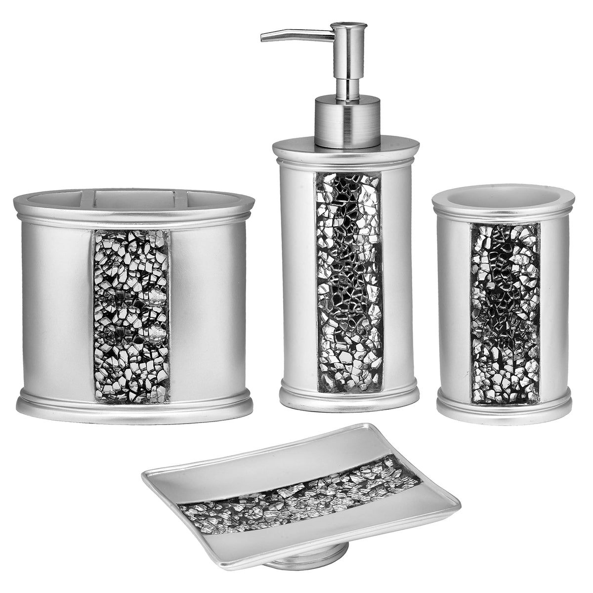 Zahari Home 4pc Modern Line Modern Bathroom Accessories Set Modern Soap Dispenser, Tumbler, Tooth Brush Holder and Dish Soap Holder Luxury Contemporary Grey Decor Unique Design Luxury Bath Set