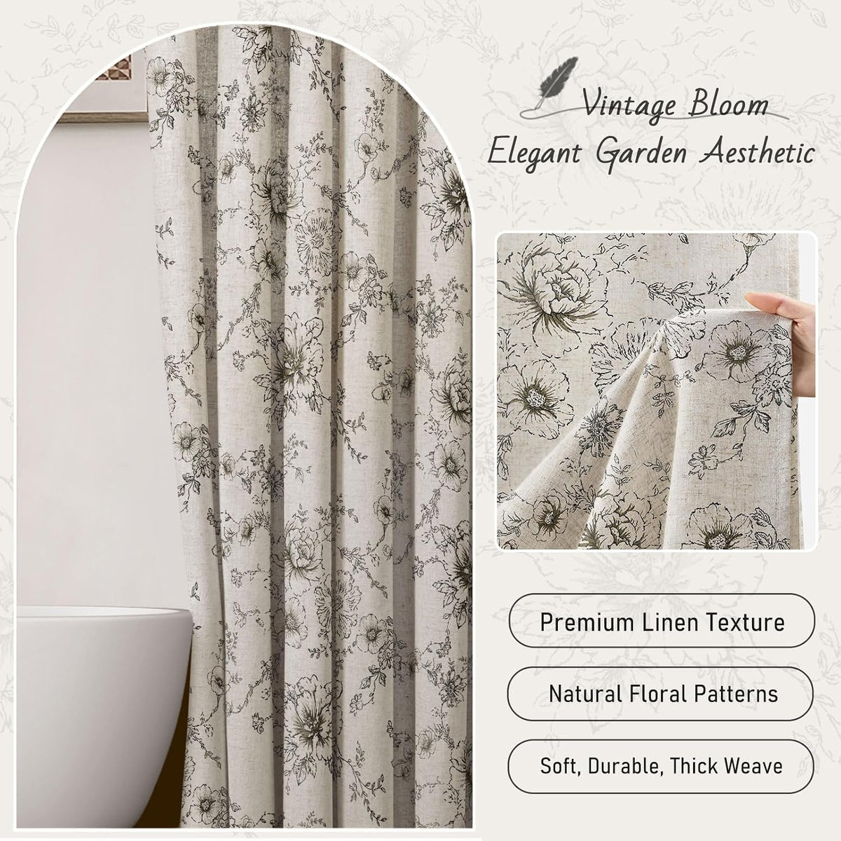 Farmhouse Floral Vintage Shower Curtain for Bathroom, Black and Tan Taupe