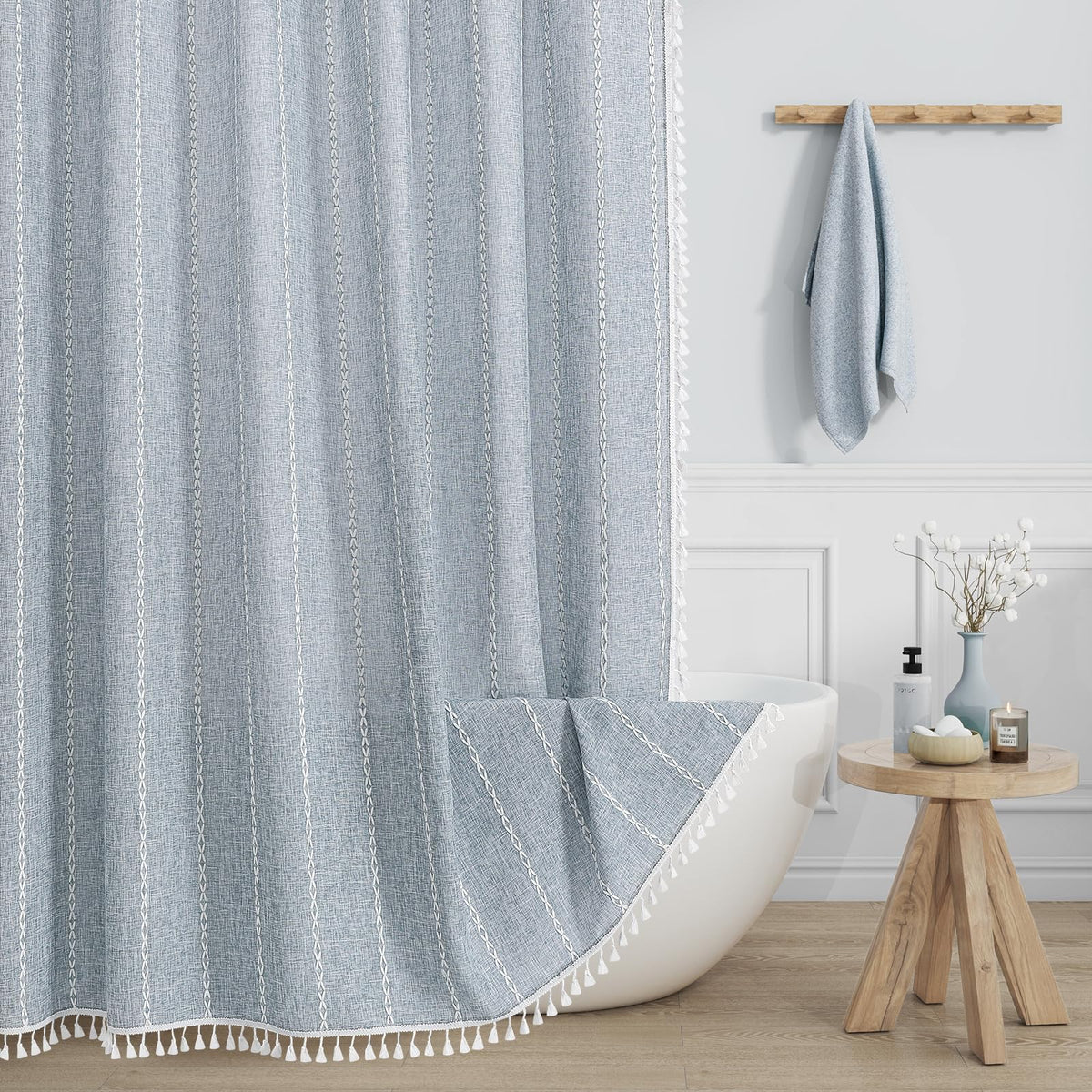 Boho Farmhouse Tassel Linen Shower Curtain,3D Embroidery Stripe Blue,72x72