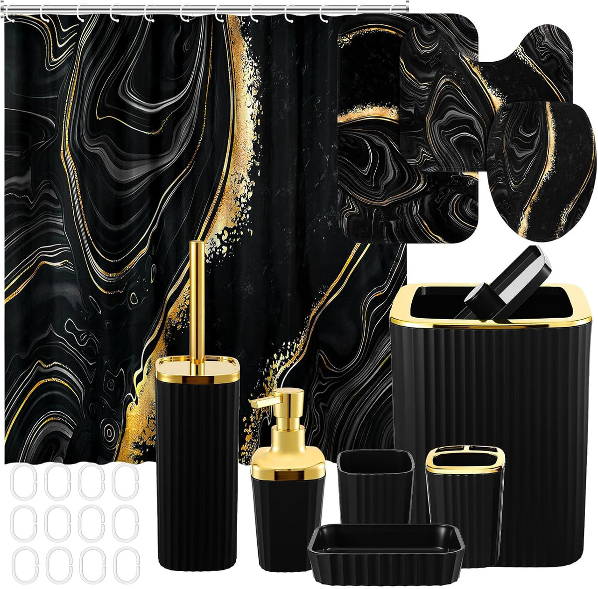 Patelai 10 Pcs Black and Gold Marble Bathroom Decor Set with Shower Curtain
