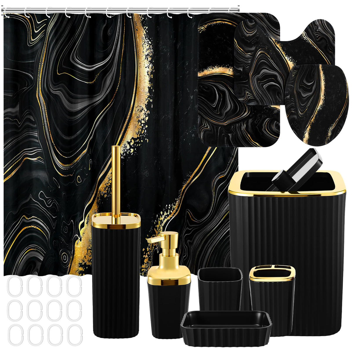 Patelai 10 Pcs Black and Gold Marble Bathroom Decor Set with Shower Curtain