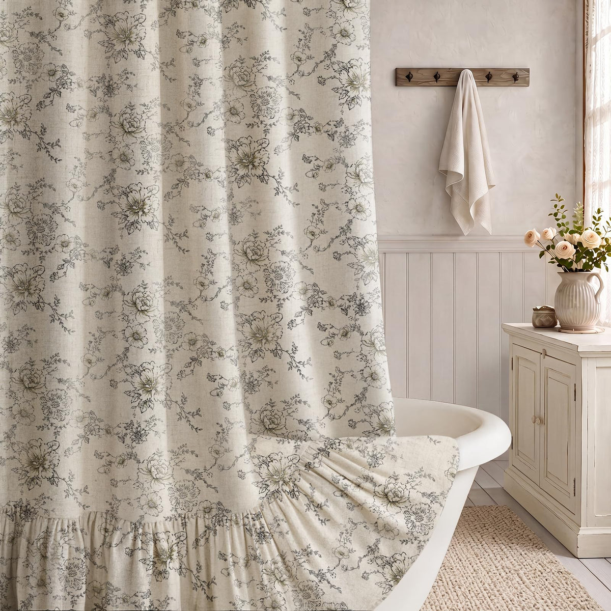 Farmhouse Floral Vintage Shower Curtain for Bathroom, Black and Tan Taupe