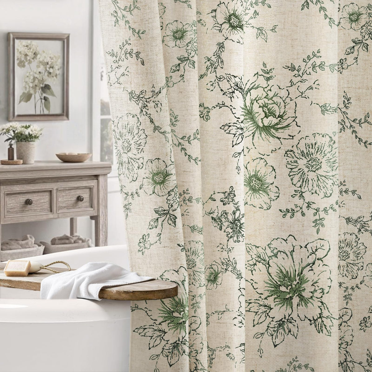 Farmhouse Floral Vintage Shower Curtain for Bathroom, Black and Tan Taupe