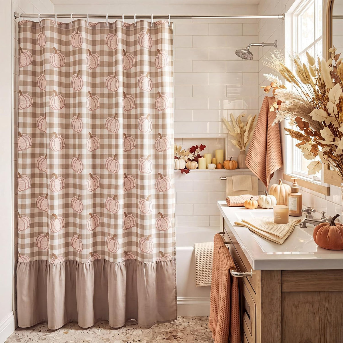 Irenare Fall Pumpkin Shower Curtain, Beige Ruffle Gingham Bathroom Decor