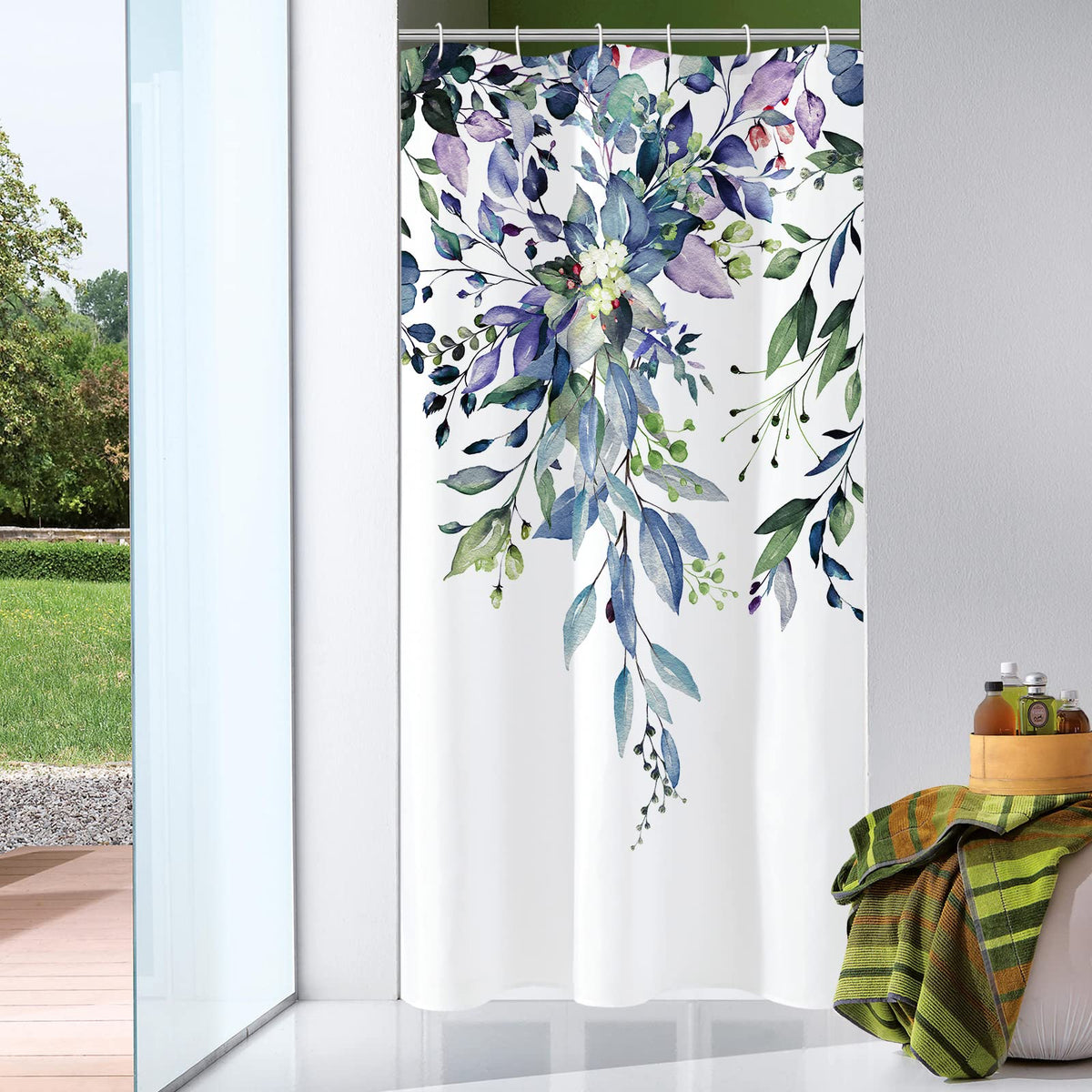 Gibelle Olive Green Eucalyptus Shower Curtain, Floral Print, 72x72