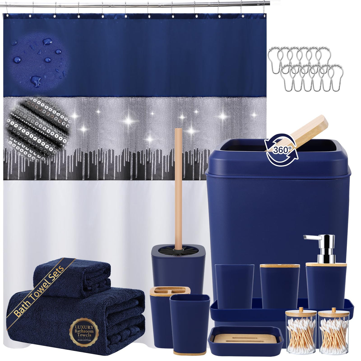 XLHOMO Bathroom Sets with Shower Curtain and Rugs,24PCS Black Bathroom Set Shower Curtain Set with Bathroom Trash Can Bathroom Accessories