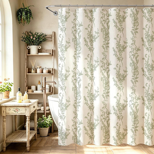 Sage Linen Farmhouse Shower Curtain, Boho Floral Bathroom 72x72