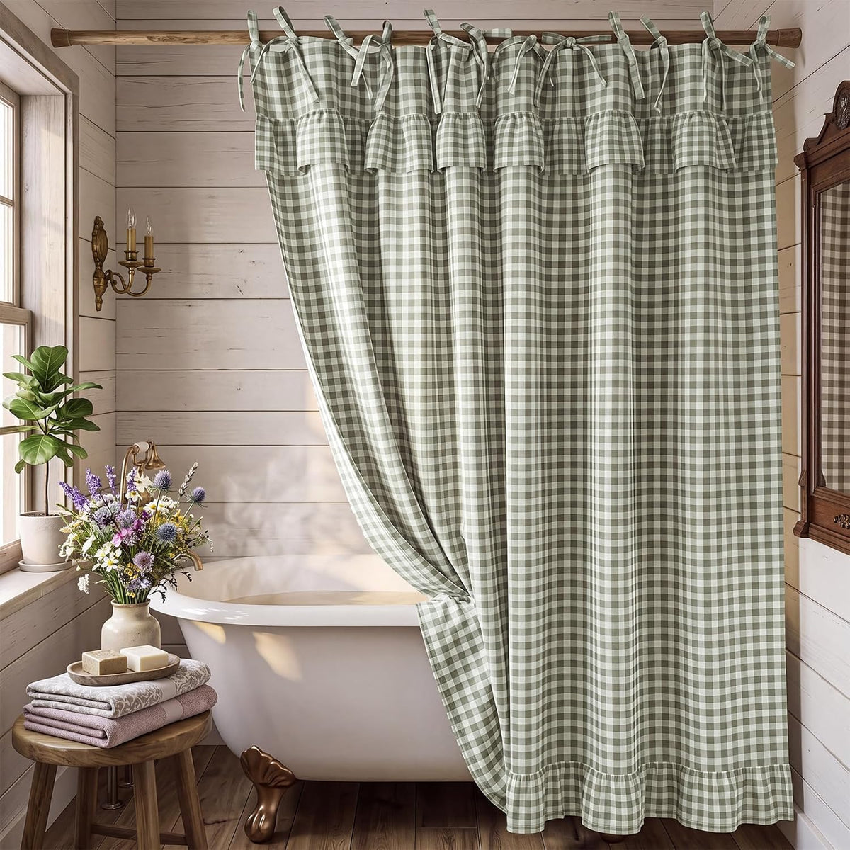Sage Green Gingham Ruffle Shower Curtain 72x72 Cotton Fabric
