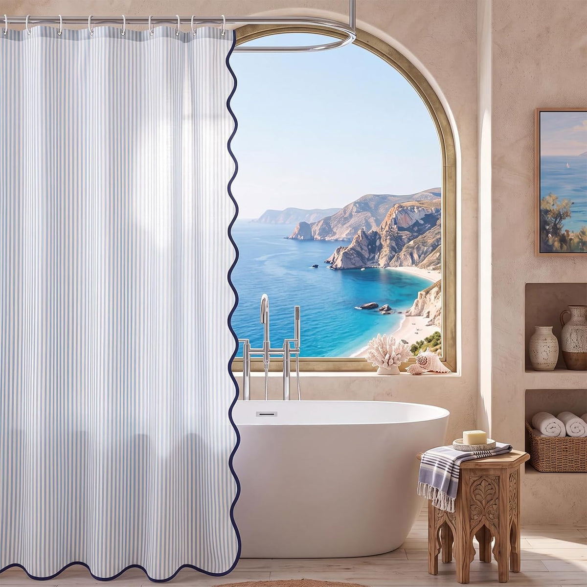 Irenare Coastal Shower Curtain with Scalloped 71 x 71 Inch