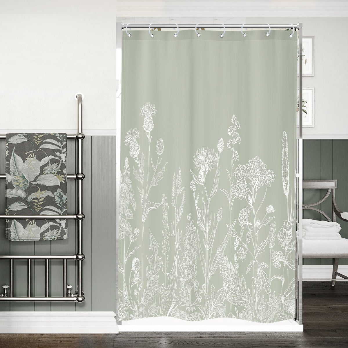 Sage Green Floral Wildflower Plant Herbs Nature Bathroom Shower Curtain Set