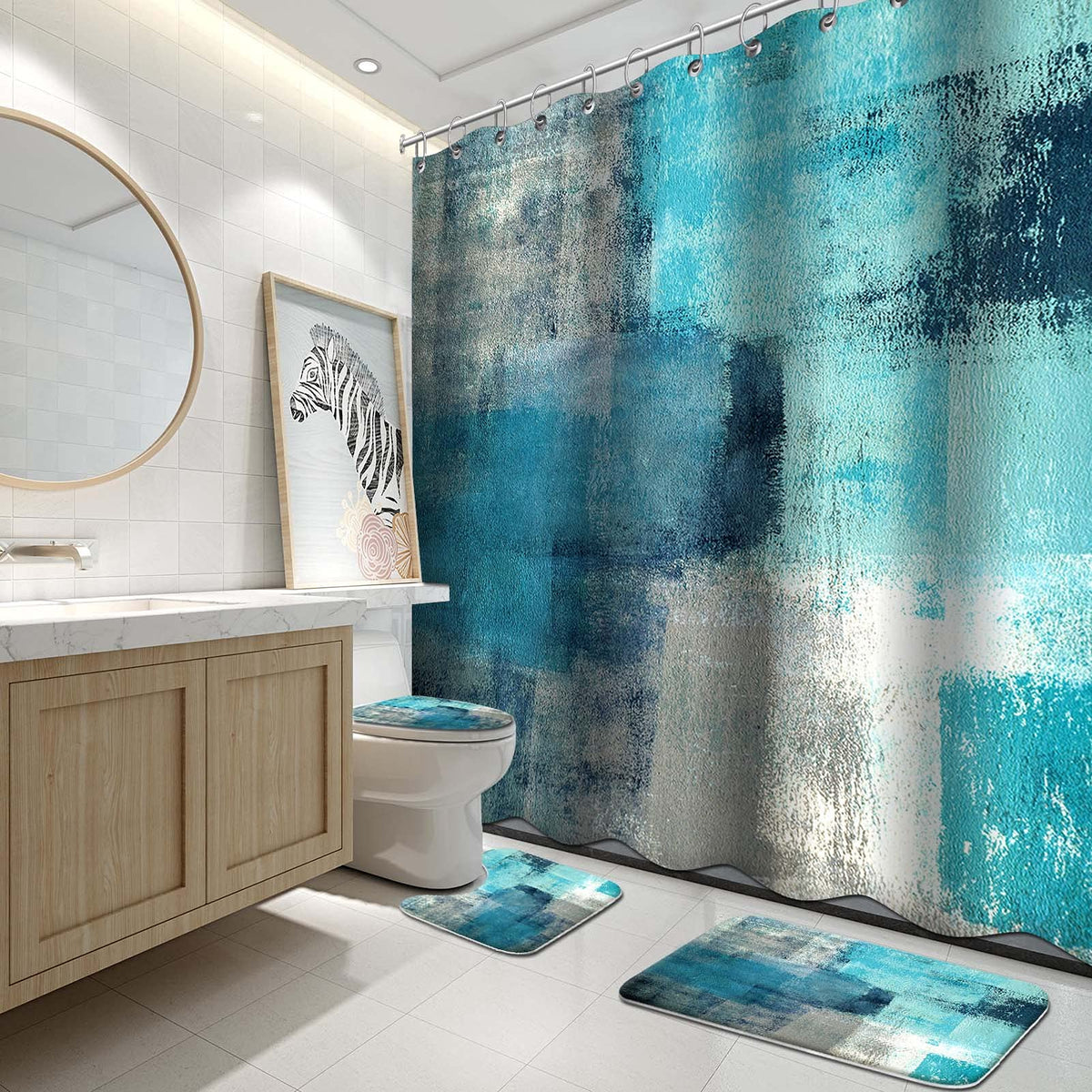 Lnond 4Pcs Bathroom Shower Curtain Sets with Rugs,Orange Modern Painting Art Bathroom Sets with Shower Curtain and Rugs and Accessories