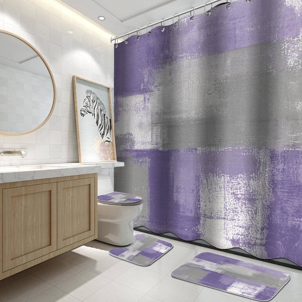 Lnond 4Pcs Bathroom Shower Curtain Sets with Rugs,Orange Modern Painting Art Bathroom Sets with Shower Curtain and Rugs and Accessories