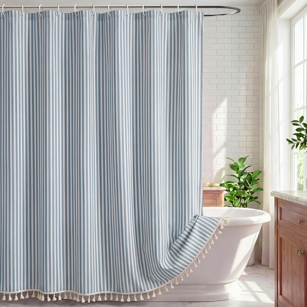 HunnmingRe Sage Green Farmhouse Striped Shower Curtain Tasseled 72x72 Inch