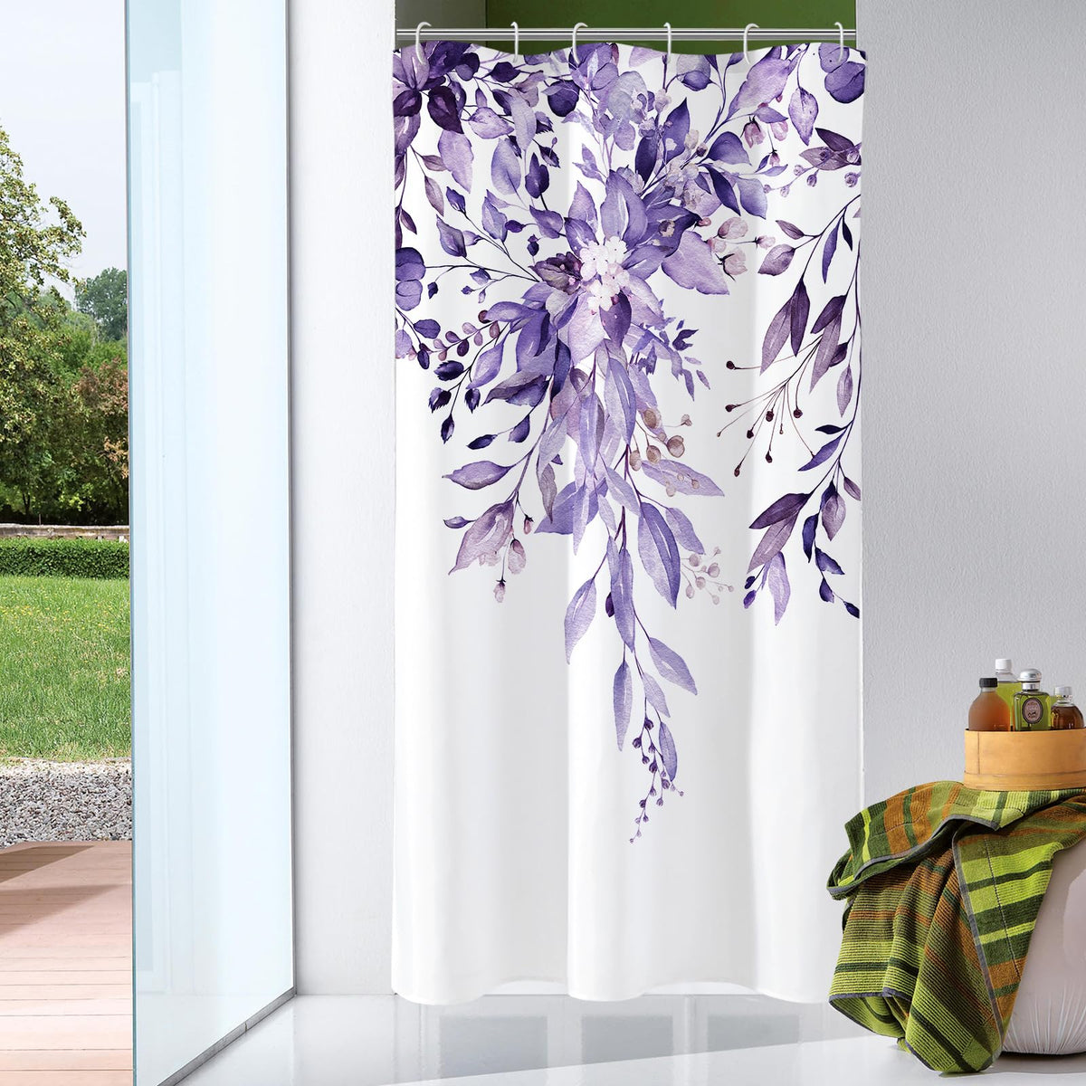 Gibelle Olive Green Eucalyptus Shower Curtain, Floral Print, 72x72