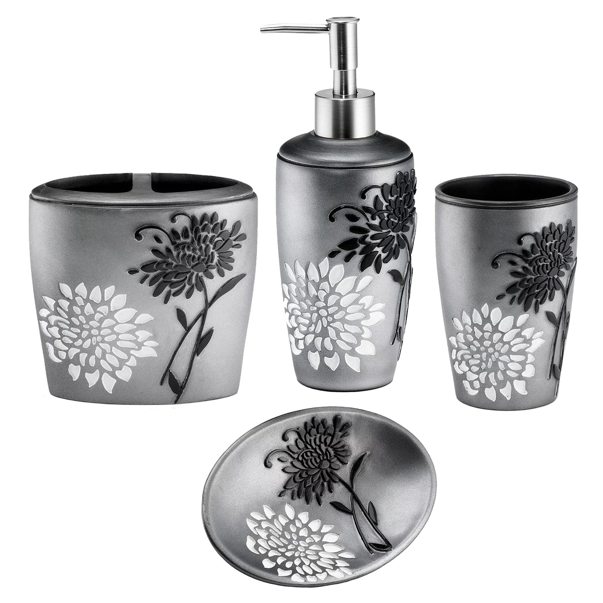Zahari Home 4pc Modern Line Modern Bathroom Accessories Set Modern Soap Dispenser, Tumbler, Tooth Brush Holder and Dish Soap Holder Luxury Contemporary Grey Decor Unique Design Luxury Bath Set