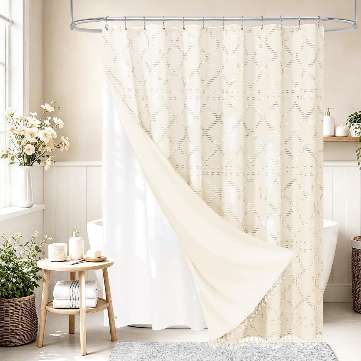 Blue Boho Woven Fabric Shower Curtain with Tassel 72 x 72, Tufted Textured