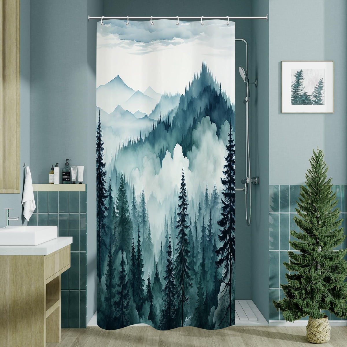 Dark Green Pine Forest Shower Curtain, Misty Woodland, 72 x 72 Inches