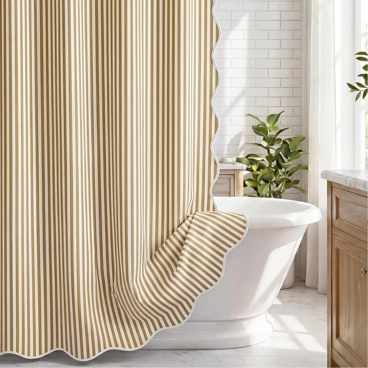 HunnmingRe Sage Green Farmhouse Striped Shower Curtain Tasseled 72x72 Inch