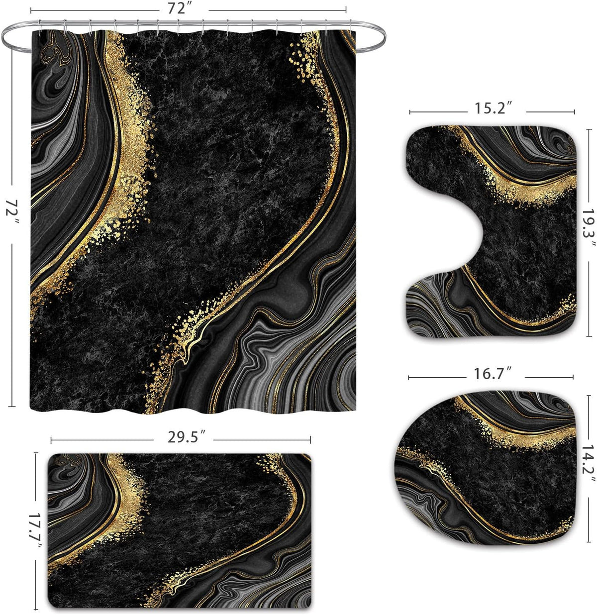 Gibelle 4 Pcs Luxury Marble Shower Curtain Set with Non-Slip Rugs, Toilet Lid Cover and Bath Mat, Black Gold Bathroom Decor Set with Shower Curtain and Rugs and Accessories