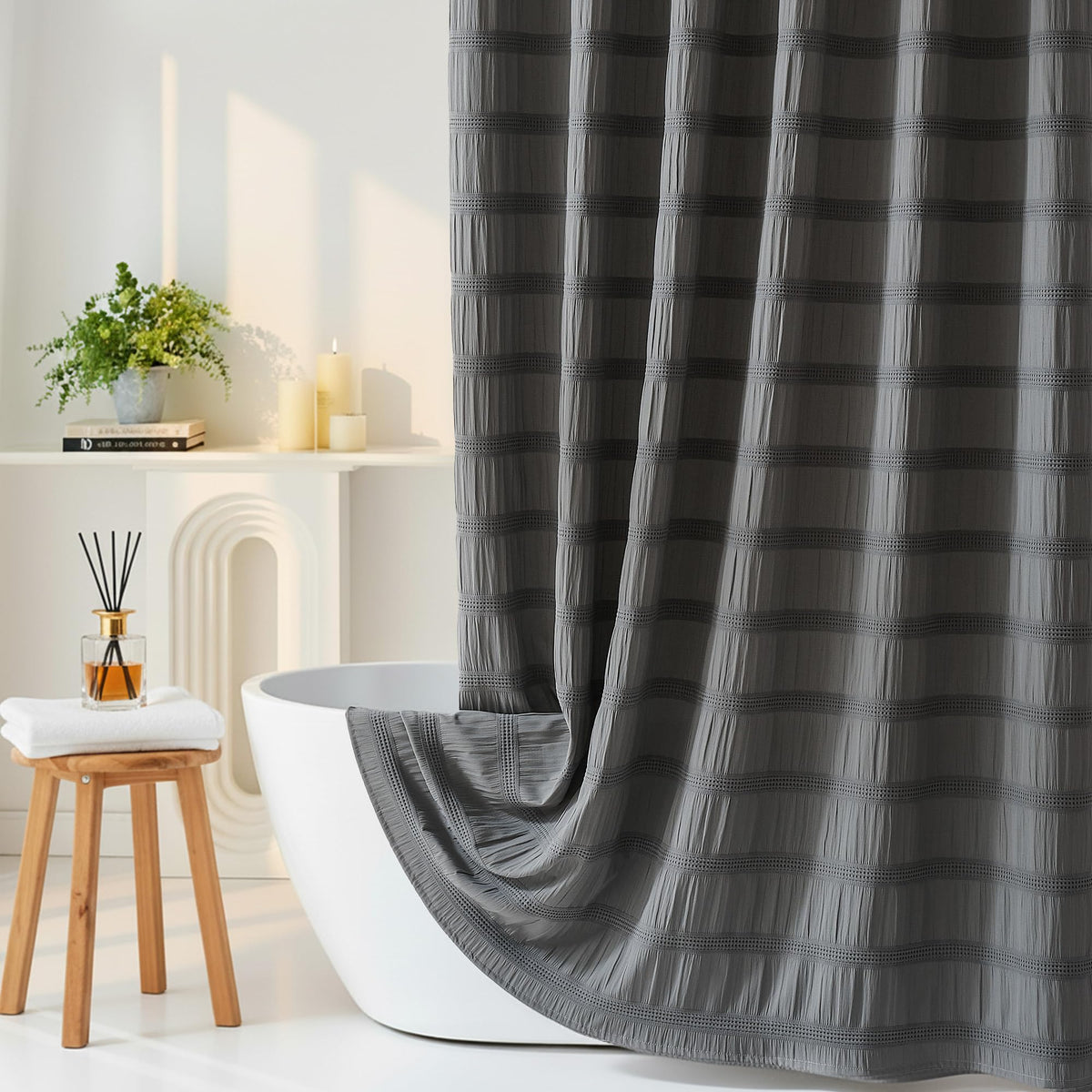 Extra Long White Shower Curtain Farmhouse,72 x 96 Cotton Blend Waffle Tufted Striped Chic Textured Fabric Shower Curtain for Bathroom, Hotel, Washable