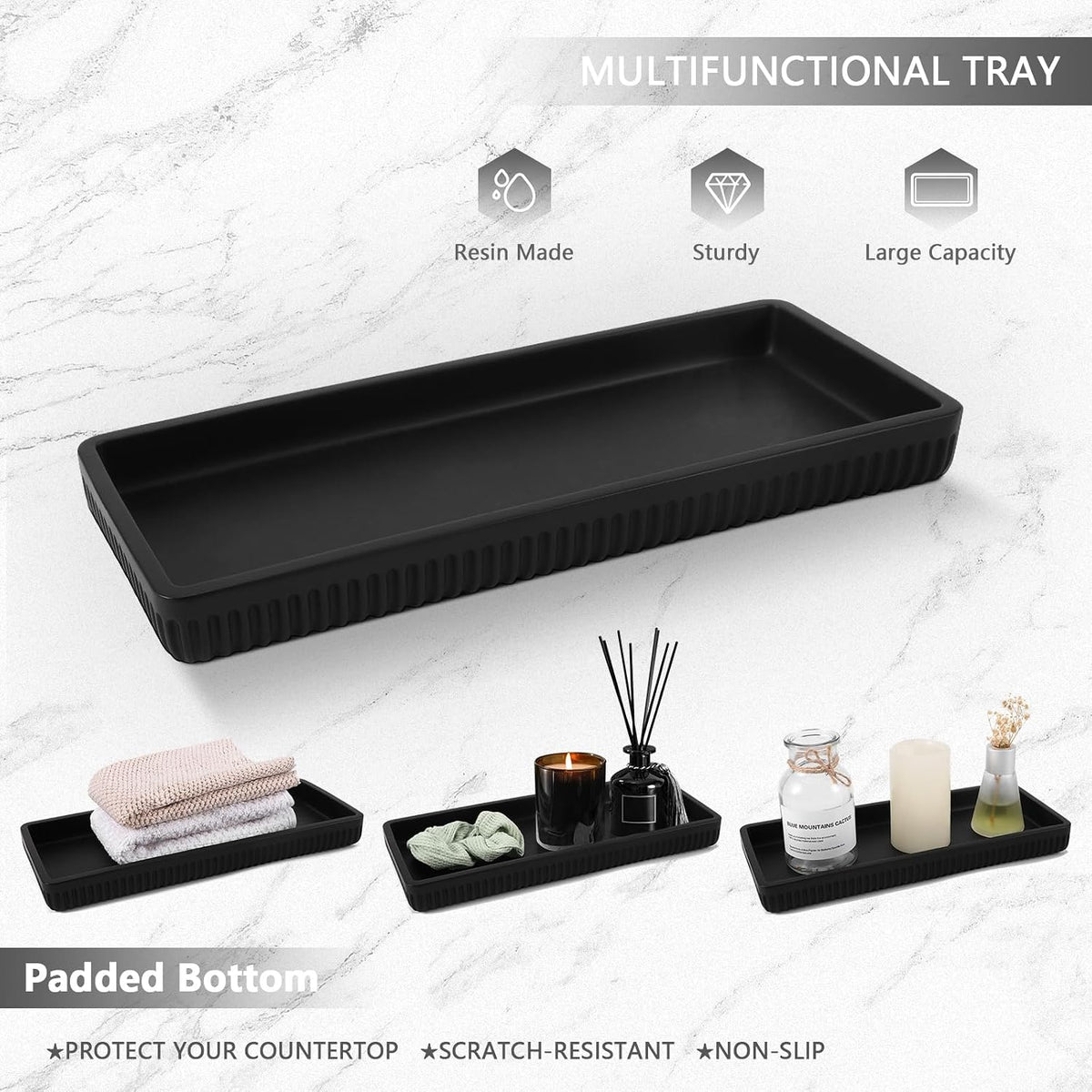 XLHOMO Resin Matte Black Bathroom Accessories Set 5 Pcs, Lotion Soap Dispenser, Toothbrush Holder, Bathroom Tumbler, Qtip Holder and Vanity Tray, Bathroom Countertop Organizer Set for Home Apartment