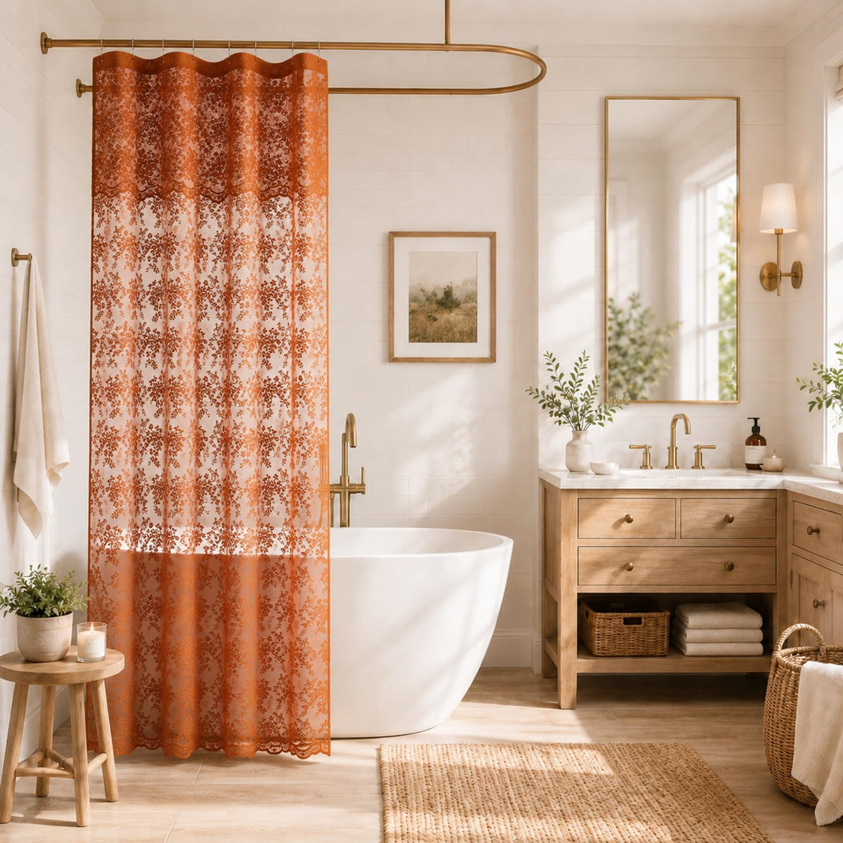 Ivory Lace Shower Curtain 72x72, Vintage Shabby Chic with Attached Valance