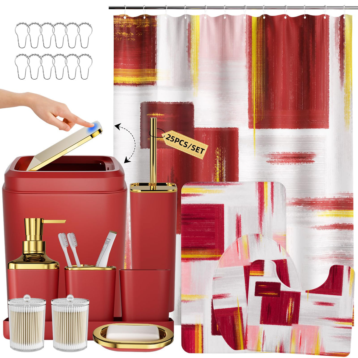 XLHOMO Bathroom Accessories Set - 25PC Bathroom Set with Shower Curtain and Rugs, Pink Bathroom Set, Bathroom Accessory Set with Press-on Lid Trash Can, Soap Dispenser and Qtip Holders