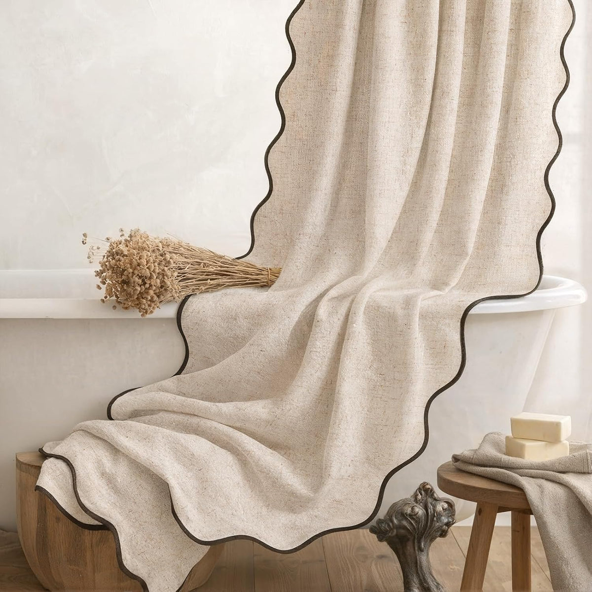 Scalloped Shower Curtain Linen Boho Beige 72" W x 72" L