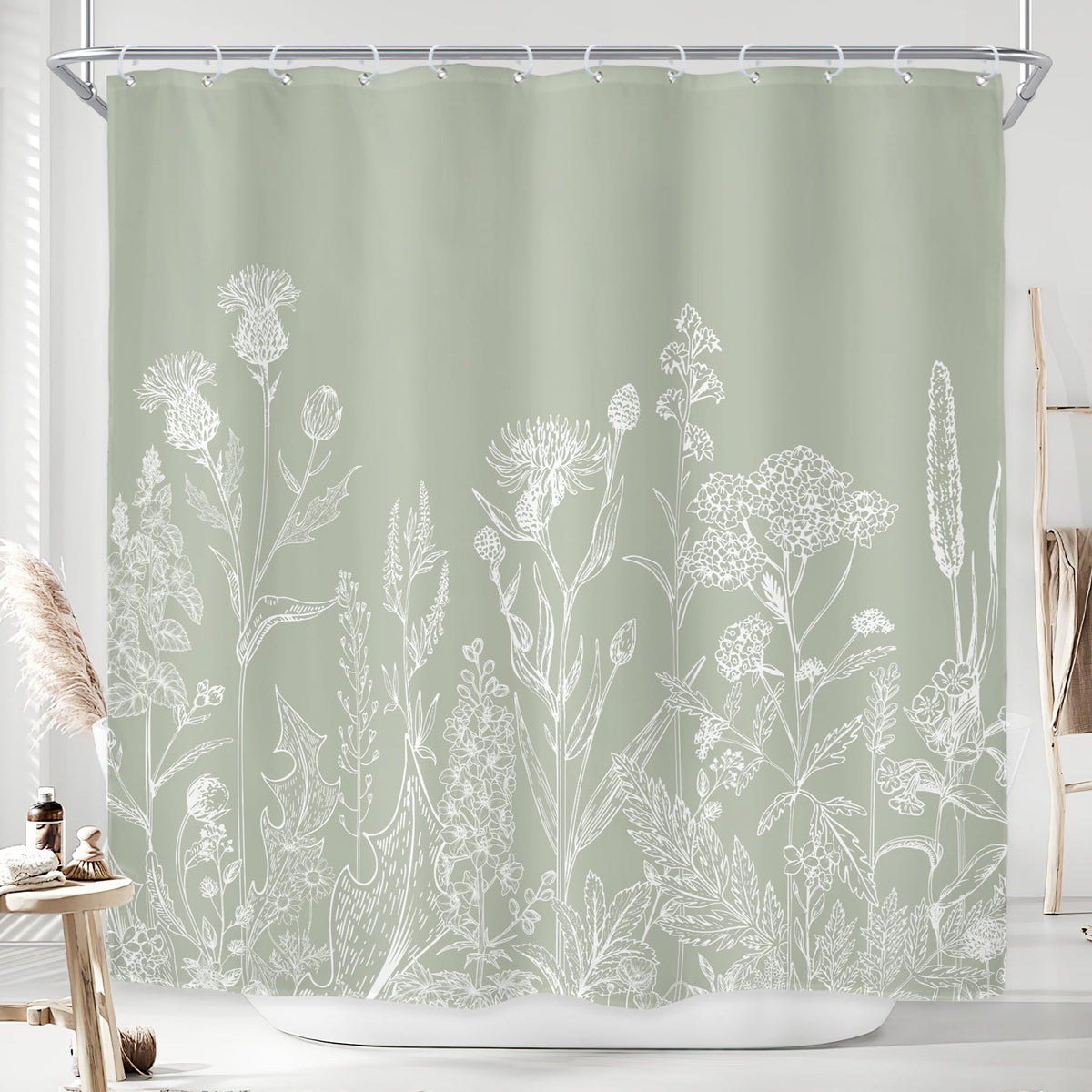 Sage Green Floral Wildflower Plant Herbs Nature Bathroom Shower Curtain Set