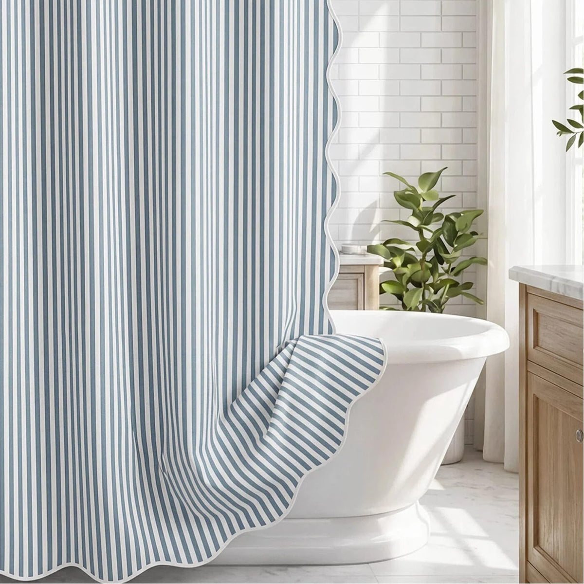 HunnmingRe Sage Green Farmhouse Striped Shower Curtain Tasseled 72x72 Inch