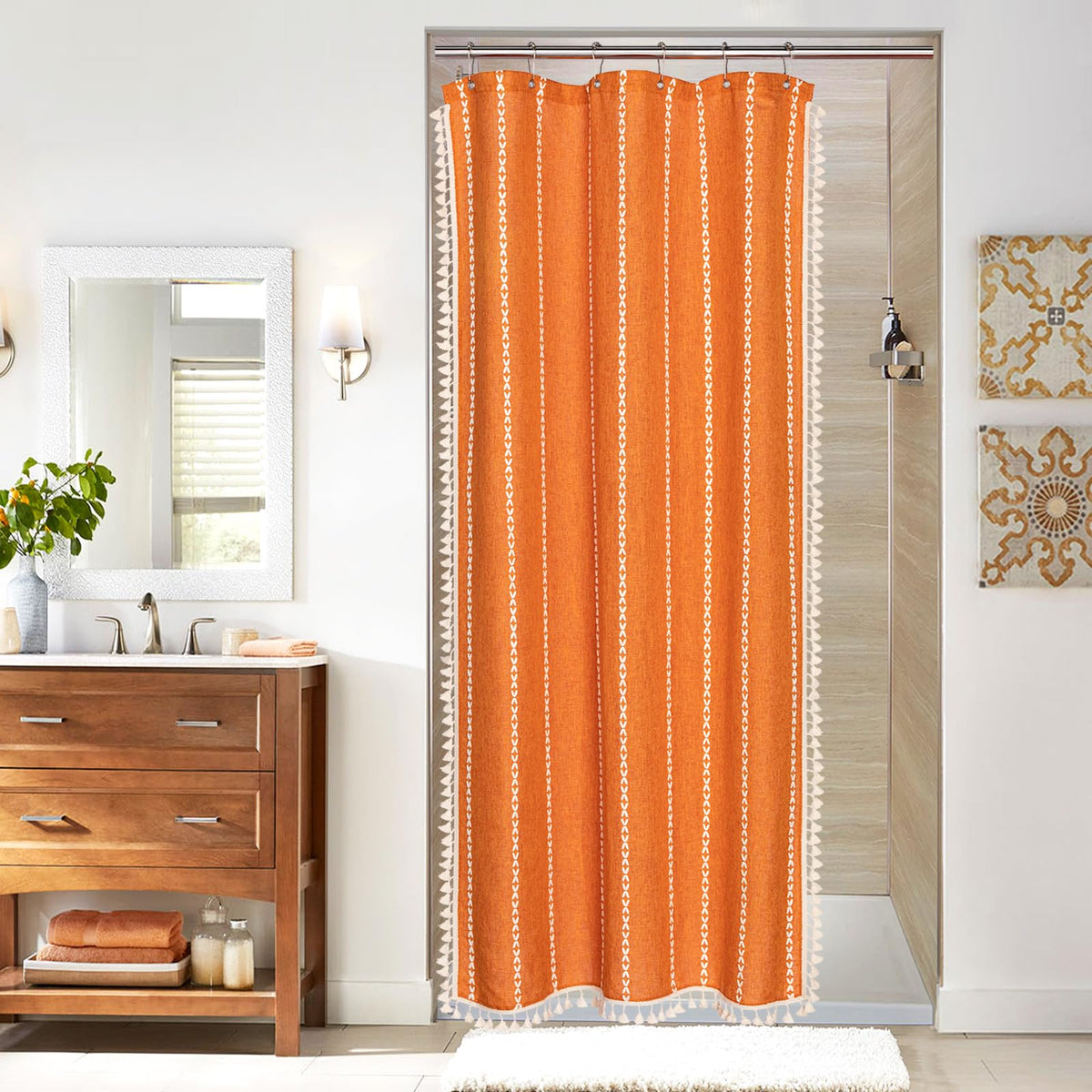 Boho Farmhouse Tassel Linen Shower Curtain,3D Embroidery Stripe Blue,72x72