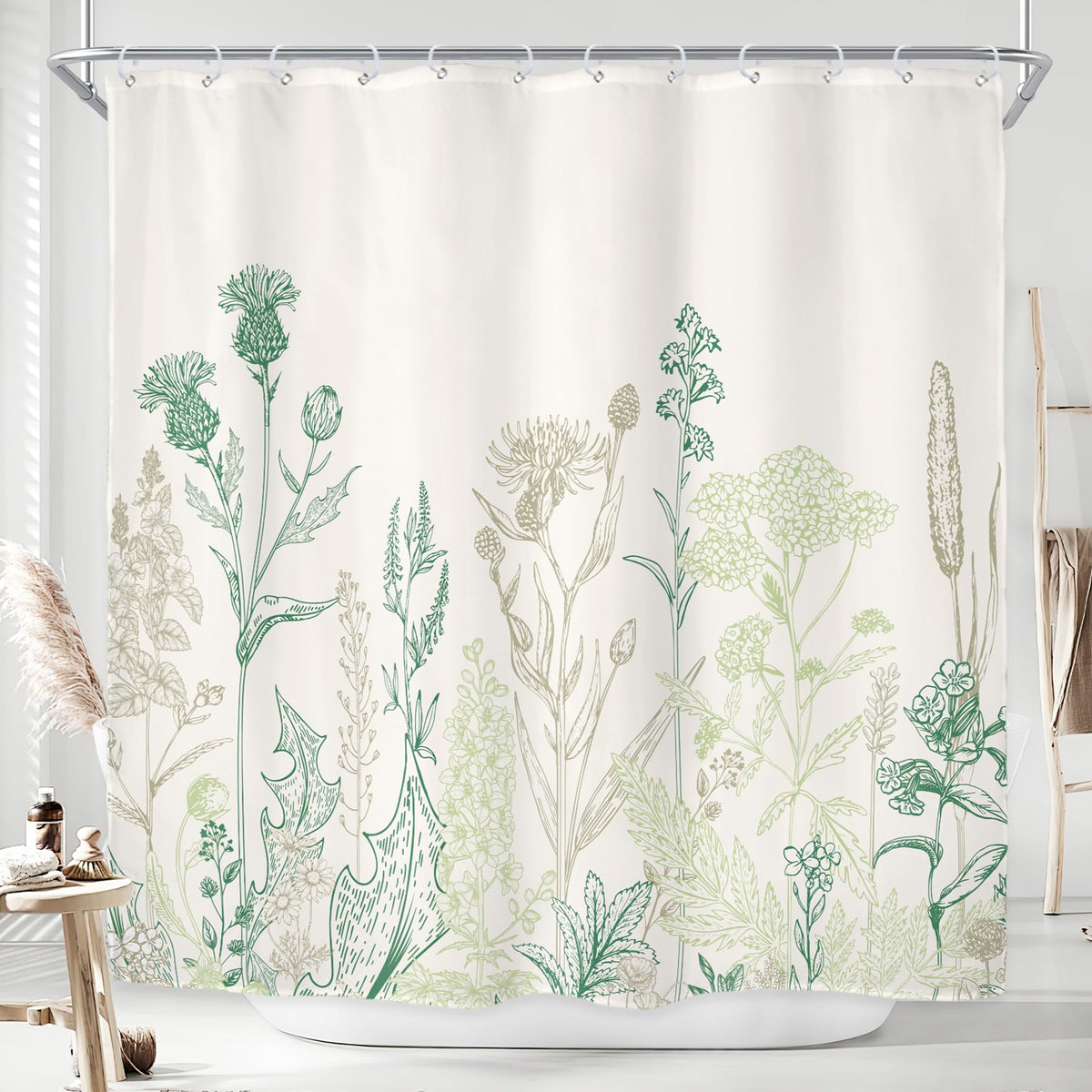 Sage Green Floral Wildflower Plant Herbs Nature Bathroom Shower Curtain Set