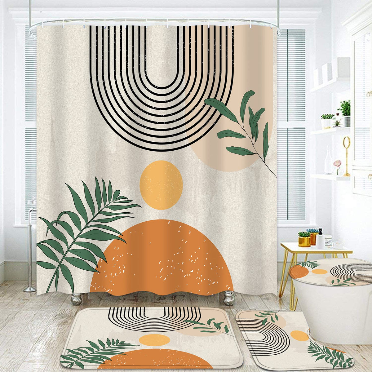LQCOOL 4pcs Boho Shower Curtain Set with Rugs Green Leaf Bathroom Set