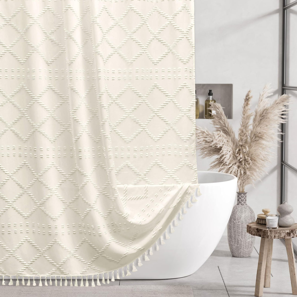 Siiluminisoy Sage Green Boho Shower Curtain Fabric Shower Curtain, 72 x 72 Tufted Chevron Textured Striped Modern Farmhouse Minimalist Cloth for Bathroom