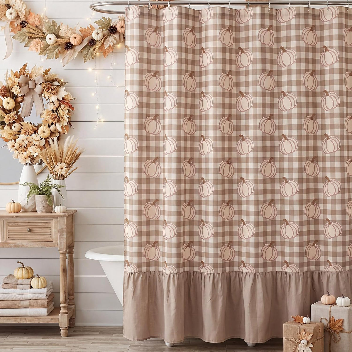 Irenare Fall Pumpkin Shower Curtain, Beige Ruffle Gingham Bathroom Decor