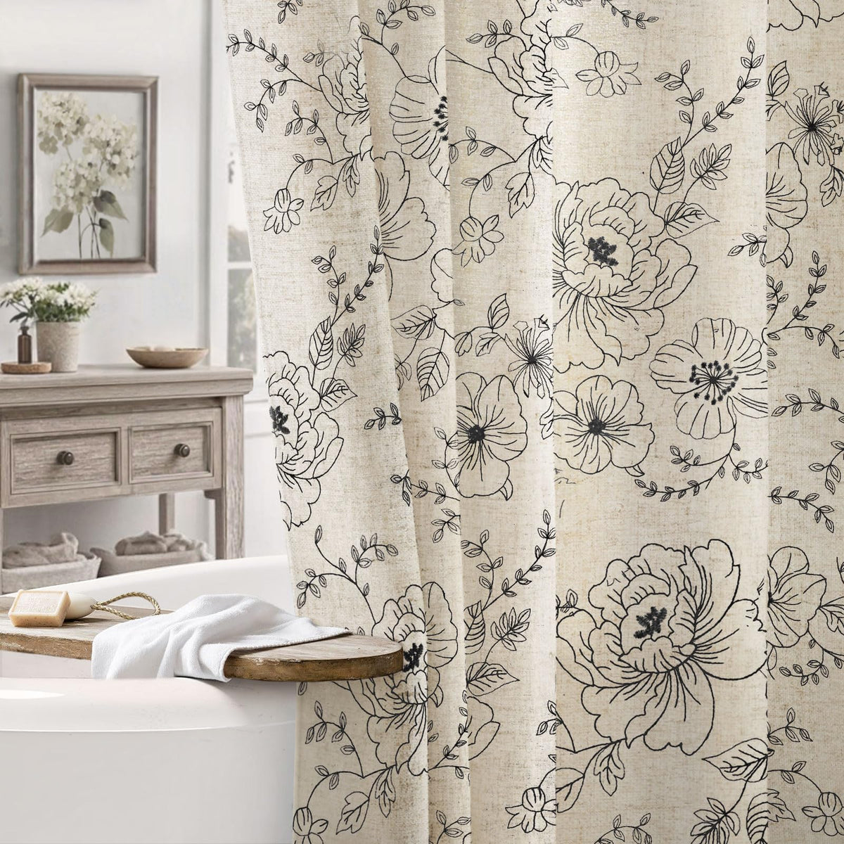 Farmhouse Floral Vintage Shower Curtain for Bathroom, Black and Tan Taupe